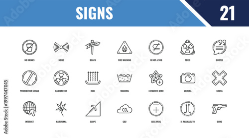 signs outline icon set. linear vector for ui, web and mobile. thin line noise, quotes, favourite star icons.