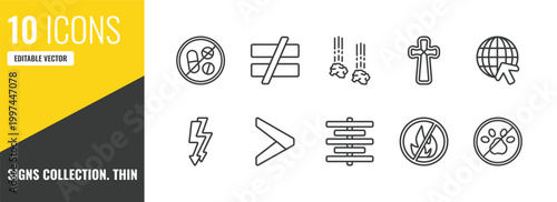 signs collection. thin outline icon set. 10 linear vector for ui, web and mobile. thin line no drugs, is not equal to, falling rocks icons.