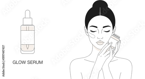Woman applying glow serum in minimalist line art style with soft natural lighting for skincare advertising