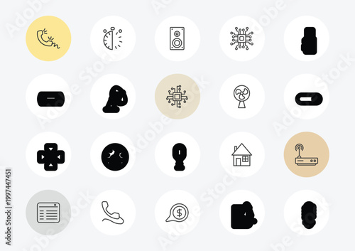 technology outline icon set. linear vector for ui, web and mobile. thin line telephone receiver, , cinema light with cable icons.