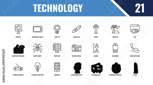 technology outline icon set. linear vector for ui, web and mobile. thin line horizontal tablet, sdk, leading icons.