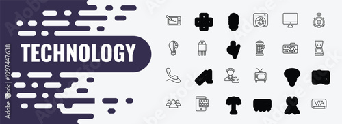 technology outline icon set. linear vector for ui, web and mobile. thin line cinema light with cable, led lamp, simple screen icons.
