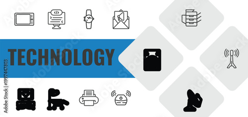 technology outline icon set. linear vector for ui, web and mobile. thin line horizontal tablet, self-closing tag, smart watch icons.