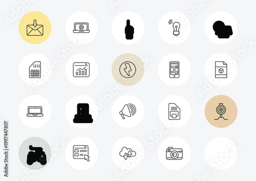 technology outline icon set. linear vector for ui, web and mobile. thin line received, big, laptop frontal monitor icons.