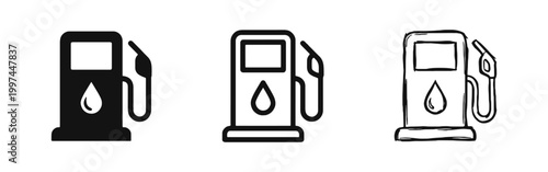 Gas Station and Fuel Pump Icons Set - Solid, Outline, and Hand-Drawn Styles