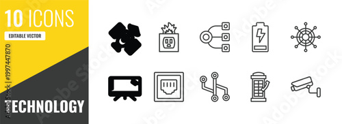 technology outline icon set. 10 linear vector for ui, web and mobile. thin line space satellite, electric socket on fire, structural elements icons.
