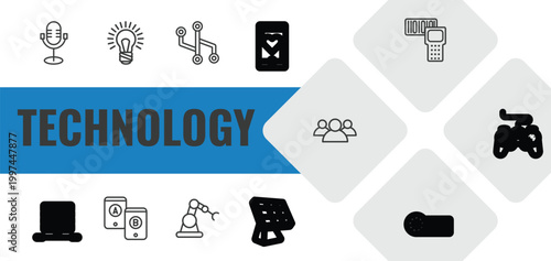 technology outline icon set. linear vector for ui, web and mobile. thin line old mic, big light bulb, version control icons.
