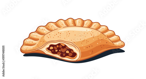 Traditional golden brown empanada pastry with a scalloped edge is partially open to reveal a rich and savory meat filling inside.