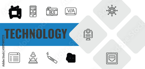 technology outline icon set. linear vector for ui, web and mobile. thin line old tv, touristic, vintage digital camera icons.
