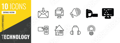 technology outline icon set. 10 linear vector for ui, web and mobile. thin line received, virtual hine, call to action icons.