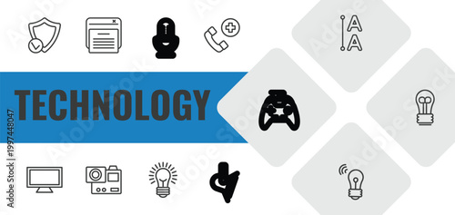 technology outline icon set. linear vector for ui, web and mobile. thin line safe shield protection, declarations, big old microphone icons.