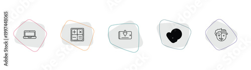 technology outline icon set. linear vector for ui, web and mobile. thin line laptop frontal monitor, mathematical operations, receive icons.