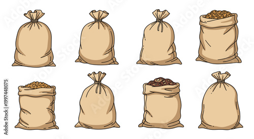 Series of brown burlap sacks filled with grains and produce are shown in various states, some tied shut and others open to reveal their contents.