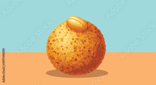 Traditional Indian sweet known as laddu is shown as a golden crumbly ball topped with a single peanut against a split blue and orange backdrop.