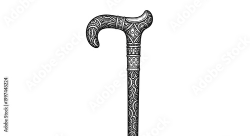 Highly detailed monochrome drawing of an elegant antique walking stick featuring complex engraved patterns on the curved handle and upper shaft.