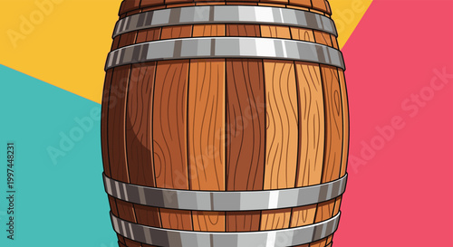 Close up view of a classic wooden wine barrel with metal bands set against a vibrant abstract background with blue yellow and red color blocks.