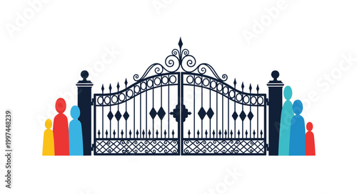 Silhouette of a large ornate wrought iron gate flanked by colorful stylized human figures representing a welcoming community or family home entry.