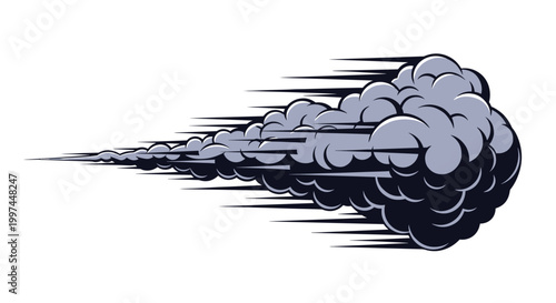 Dynamic stylized illustration of a grey smoke trail or fast moving cloud effect suggesting high speed motion across a clean white background.