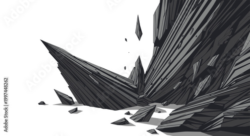 Striking illustration of sharp angular grey rock formations and jagged mountain peaks standing out against a clean white background for nature design.