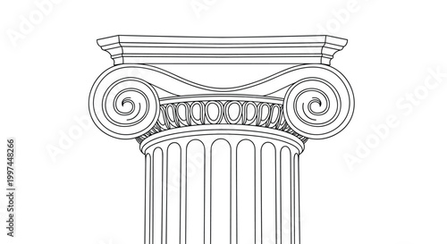 Classical architectural line art of an Ionic column capital featuring iconic scroll volutes and fluted shaft details for historical design themes.