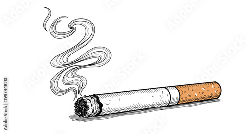 Vintage style hand drawn illustration of a burning cigarette with a realistic tobacco end and a graceful plume of swirling smoke rising upwards.