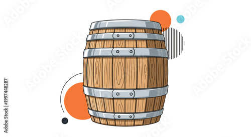 Traditional wooden barrel with silver metal rings and detailed wood grain patterns set against a background of orange and blue abstract circles.