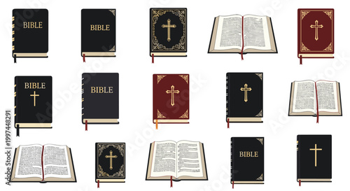 Diverse collection of Holy Bible books shown in different colors and positions with some open to display text and others featuring gold crosses.