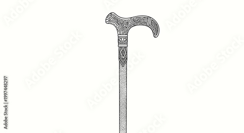 Ornate vintage walking stick with a curved handle and intricate scrollwork patterns throughout the metal top and textured shaft in monochrome.