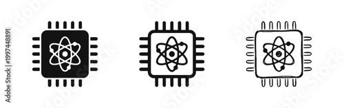 Quantum Computing Microchip Icon Set with Atom Symbol in Three Styles