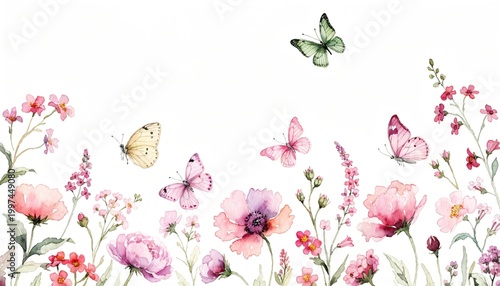 

Seamless floral vector pattern featuring pink rose blossoms and delicate butterflies on a white background for a vintage nature illustration design