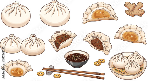 Hand-drawn Dumplings and Bowl with Chopsticks, Including Steamed and Fried Varieties