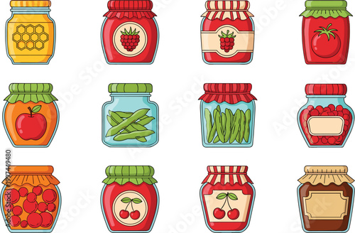 Colorful Jars with Various Fruits and Vegetables Including Jam, Honey, and Pickles for Food Storage Design