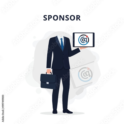 Anonymous businessman holding tablet and briefcase with sponsor logo.