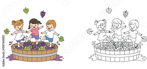 Cute Children Stomping Grapes in a Wooden Barrel Illustration with Black and White Line Art Version for Coloring Book, Traditional Wine Making Process Kids Activity Vector Set