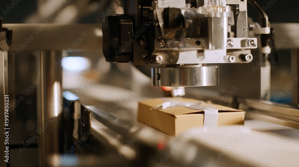 Fototapeta premium Robotic arm adding package to production line