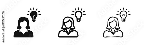 Business Woman with Idea Lightbulb Icon Set in Solid Outline and Doodle Styles