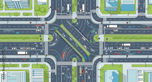 Aerial view of a busy city intersection with traffic and buildings.