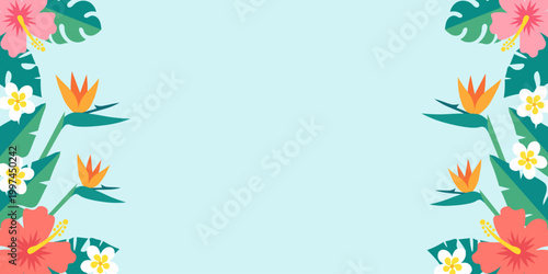 A tropical background framed by hibiscus and . A summer floral border featuring exotic tropical leaves and plumeria. A creative “flat lay” design for a summer greeting card.