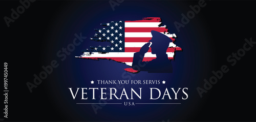 USA Veterans Day greeting cards set with United States national flag. Honoring all who served. United States national holiday vector illustration.