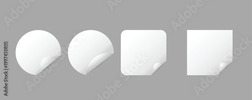 Realistic collection of white adhesive paper stickers including circle and square shapes with a peel-off effect corner, perfect for labels, price tags, and promotional mockups.