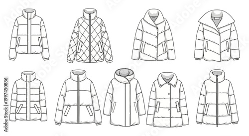 Variety of puffer jackets displayed.