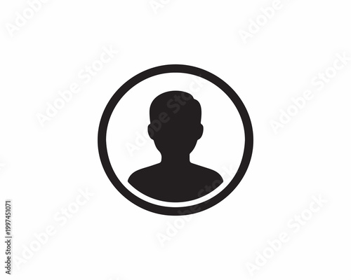Black silhouette of person head and shoulders inside thin circular outline, minimalist vector avatar icon, flat geometric design, high-contrast on white background