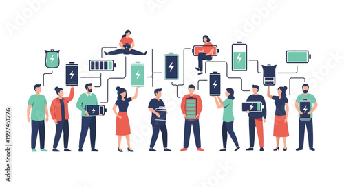 People and Batteries: Energy Management, Power Sharing, and Resource Connection. Concept of Teamwork, Vitality, and Sustainable Power.