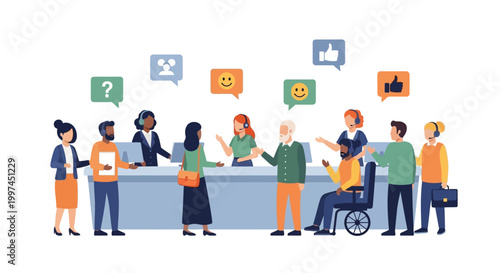 Diverse Customer Service Interaction and Support at Help Desk: Agents Assisting Clients with Questions and Feedback, Highlighting Communication and Accessibility