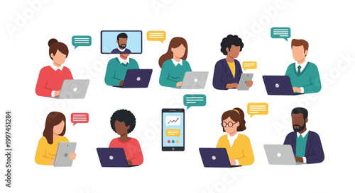 Modern Remote Work: Diverse Professionals Using Laptops & Devices for Online Collaboration
