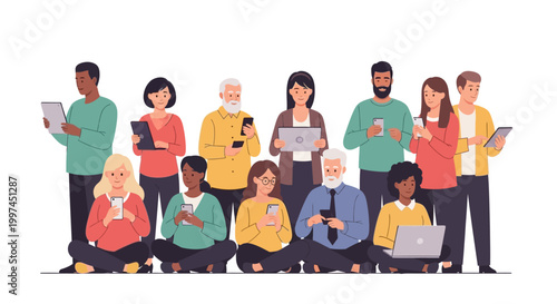 Diverse people using smartphones, tablets, and laptops. Multi-generational group connected with digital technology, social media, and online communication.