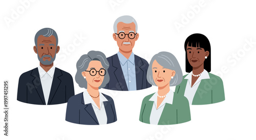 Diverse Senior Business Team Avatars - Multiracial Elderly Professionals in Business Attire Flat Illustration