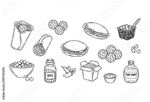 Hand drawn falafel outline icon collection with organic food elements in minimalist line style