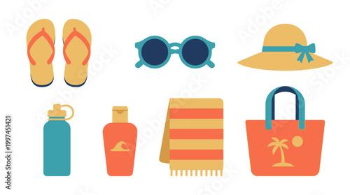Set of colorful summer beach vacation travel accessories icons.