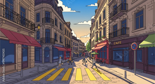 European City Street Scene with Buildings and Pedestrians.